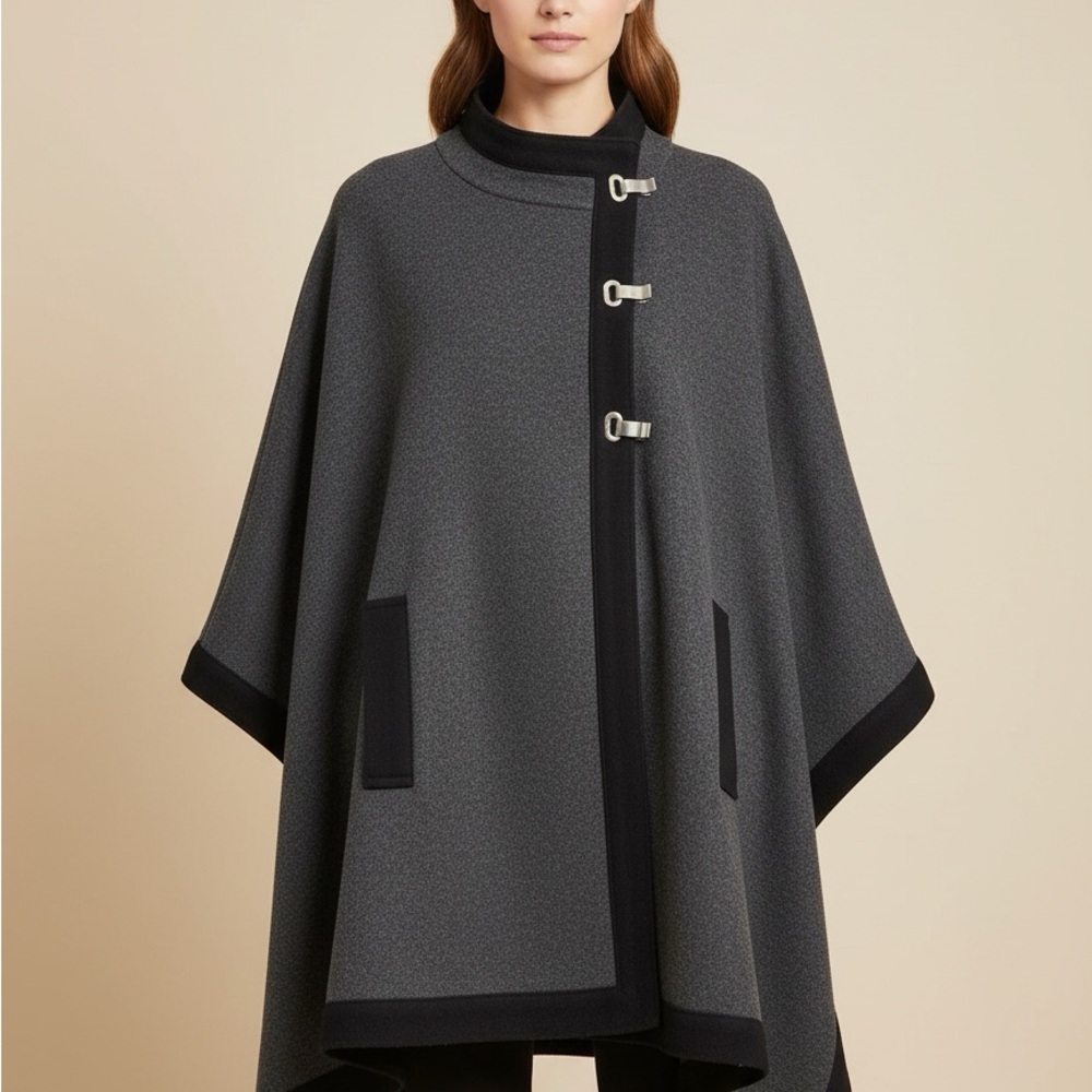 Jones New York Wool Blend Cape OS Gray Black Toggle Coat Poncho Transitional - Picture 1 of 4